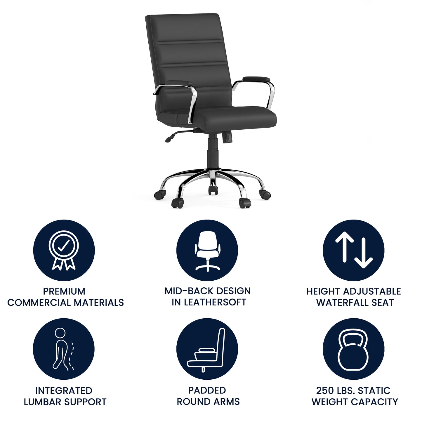 Whitney Mid-Back Black LeatherSoft Executive Swivel Office Chair with Chrome Frame and Arms Black LeatherSoft/Chrome Frame
