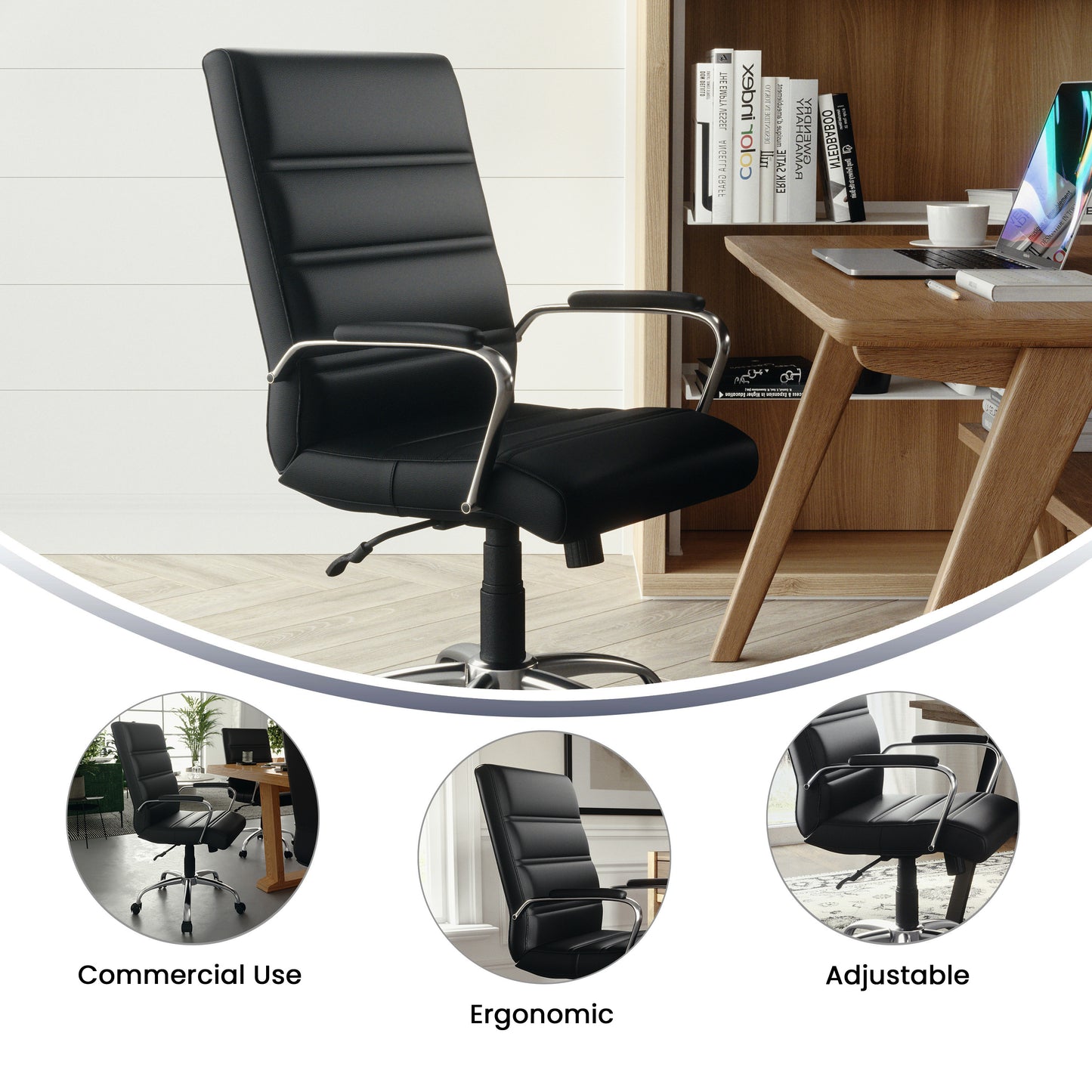 Whitney Mid-Back Black LeatherSoft Executive Swivel Office Chair with Chrome Frame and Arms Black LeatherSoft/Chrome Frame