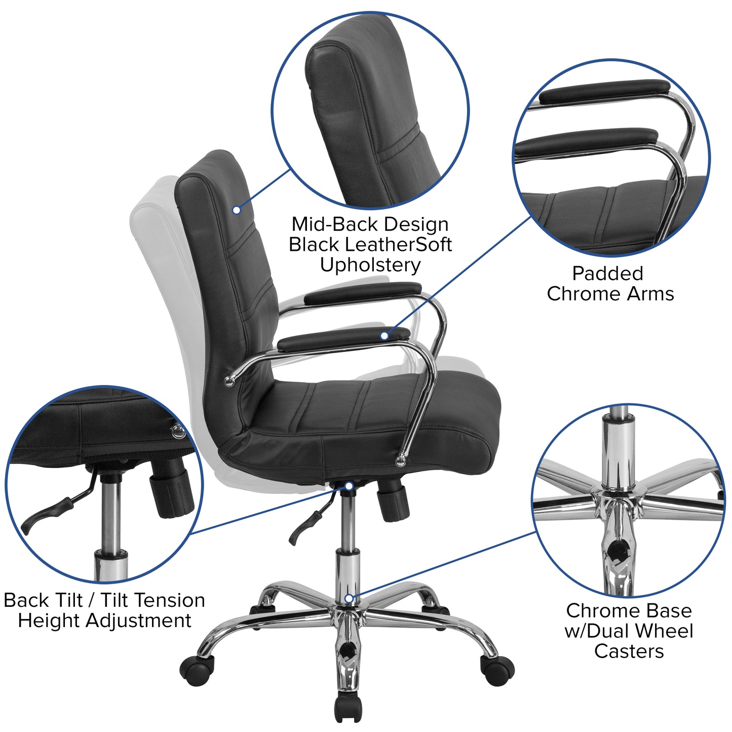 Whitney Mid-Back Black LeatherSoft Executive Swivel Office Chair with Chrome Frame and Arms Black LeatherSoft/Chrome Frame