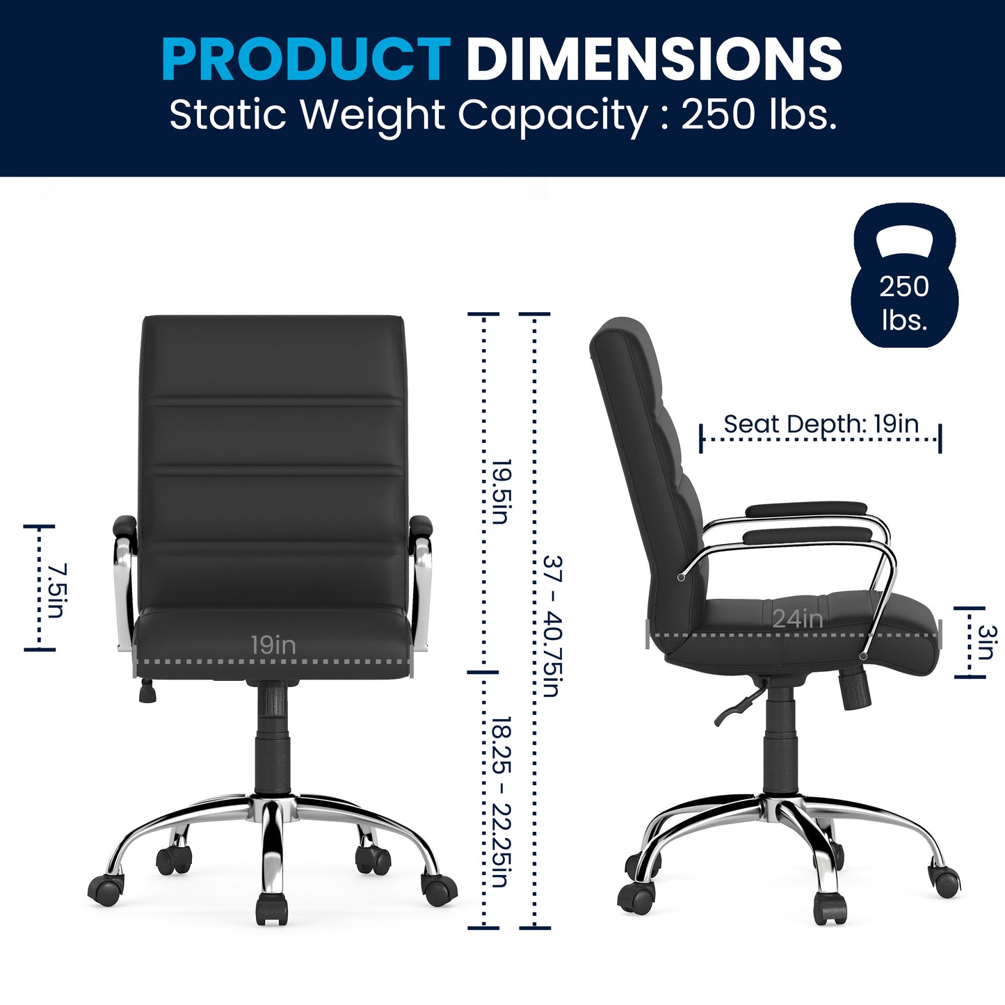 Whitney Mid-Back Black LeatherSoft Executive Swivel Office Chair with Chrome Frame and Arms Black LeatherSoft/Chrome Frame