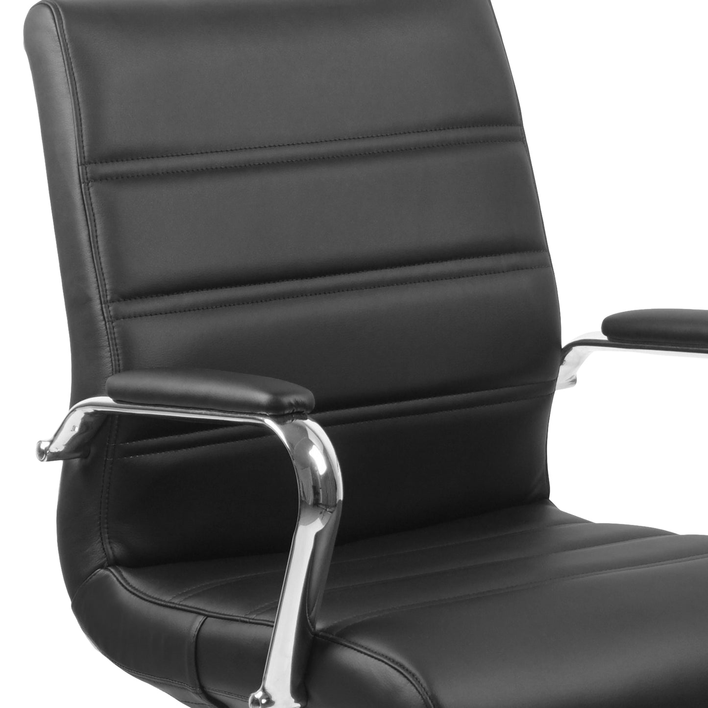 Whitney Mid-Back Black LeatherSoft Executive Swivel Office Chair with Chrome Frame and Arms Black LeatherSoft/Chrome Frame