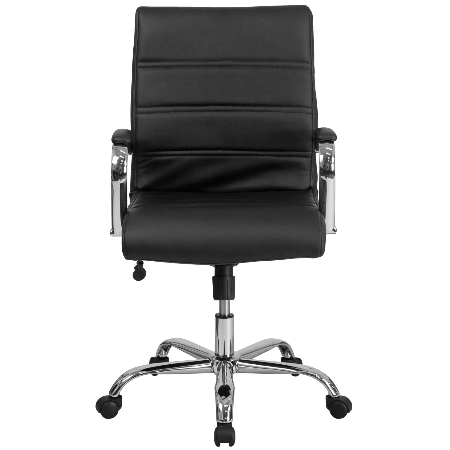 Whitney Mid-Back Black LeatherSoft Executive Swivel Office Chair with Chrome Frame and Arms Black LeatherSoft/Chrome Frame