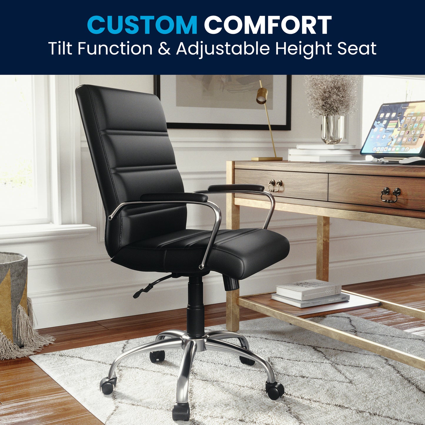 Whitney Mid-Back Black LeatherSoft Executive Swivel Office Chair with Chrome Frame and Arms Black LeatherSoft/Chrome Frame