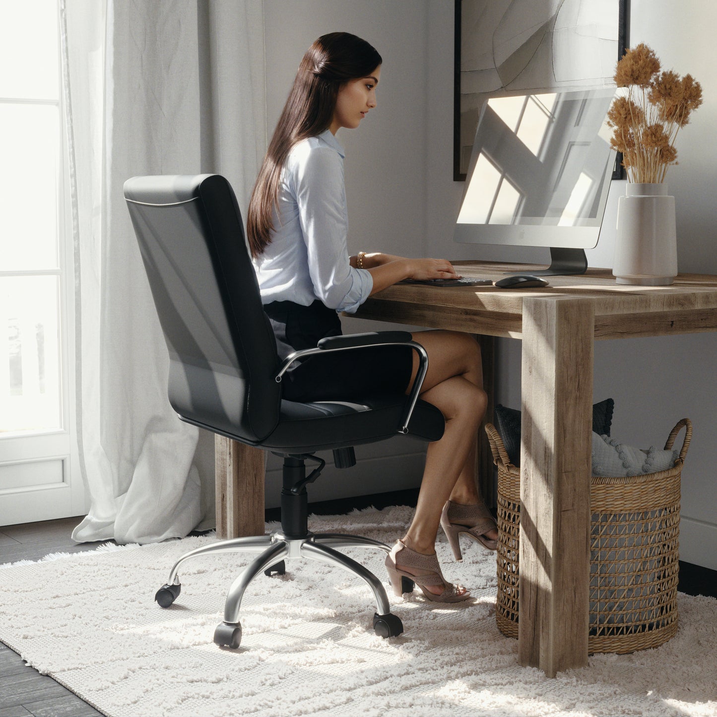Whitney Mid-Back Black LeatherSoft Executive Swivel Office Chair with Chrome Frame and Arms Black LeatherSoft/Chrome Frame