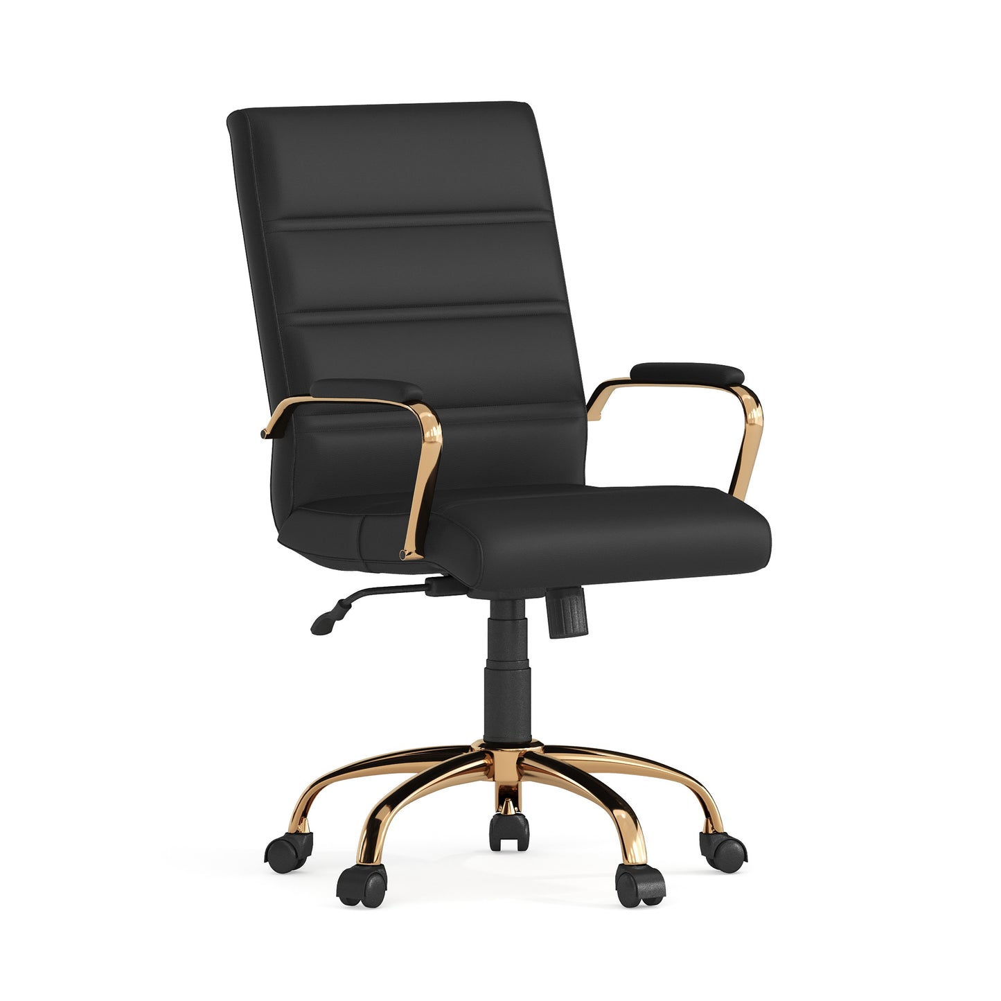 Whitney Mid-Back Black LeatherSoft Executive Swivel Office Chair with Gold Frame and Arms Black LeatherSoft/Gold Frame