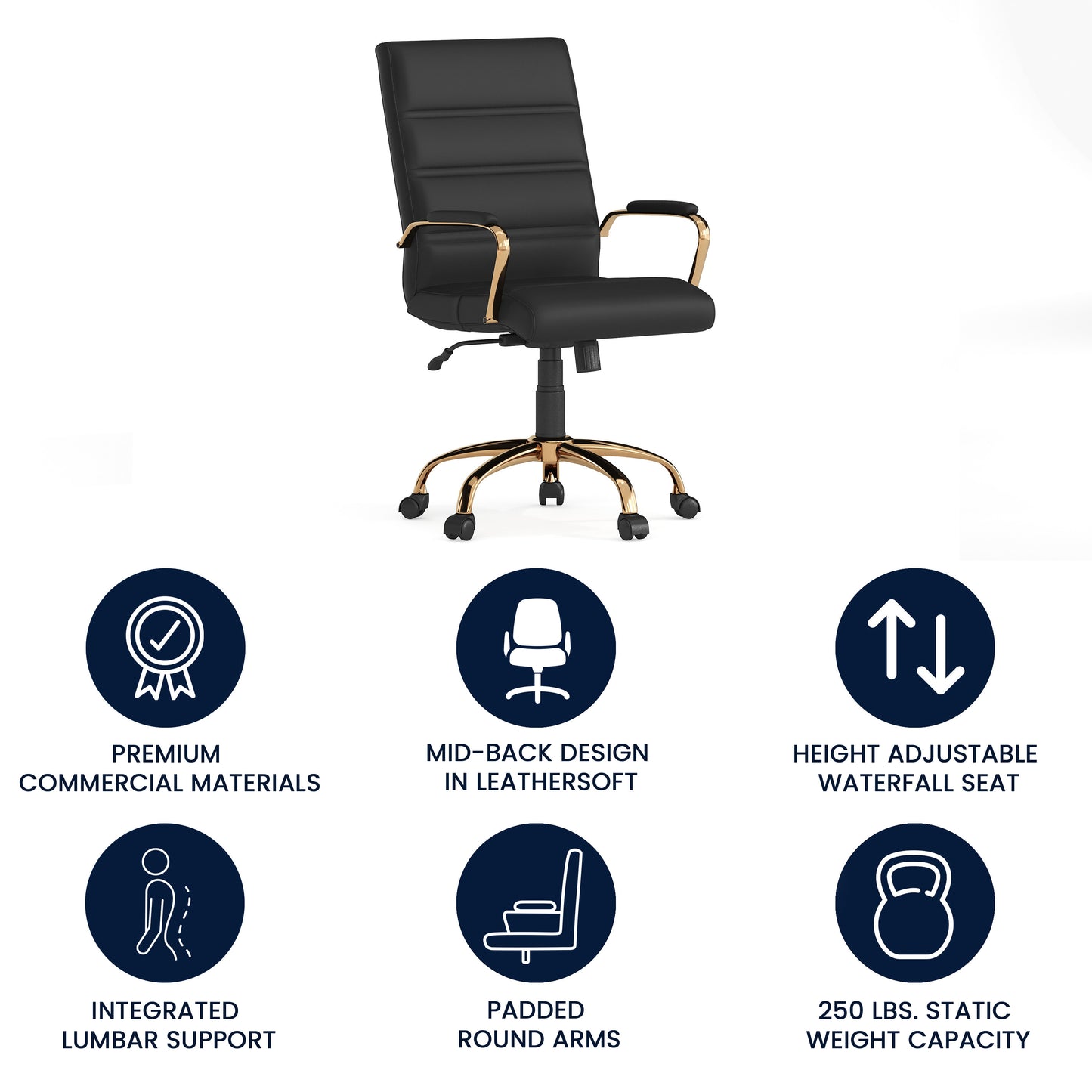 Whitney Mid-Back Black LeatherSoft Executive Swivel Office Chair with Gold Frame and Arms Black LeatherSoft/Gold Frame