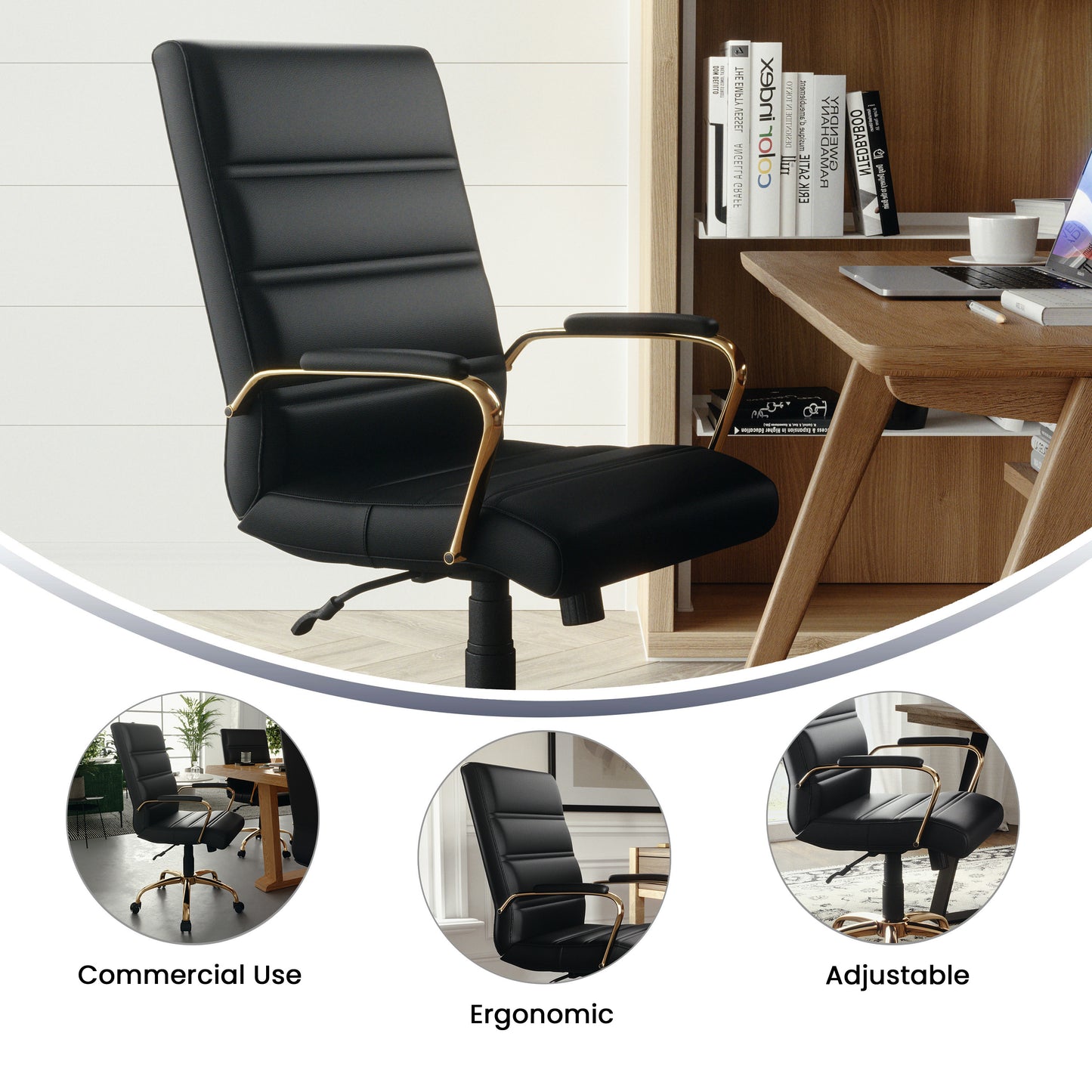 Whitney Mid-Back Black LeatherSoft Executive Swivel Office Chair with Gold Frame and Arms Black LeatherSoft/Gold Frame