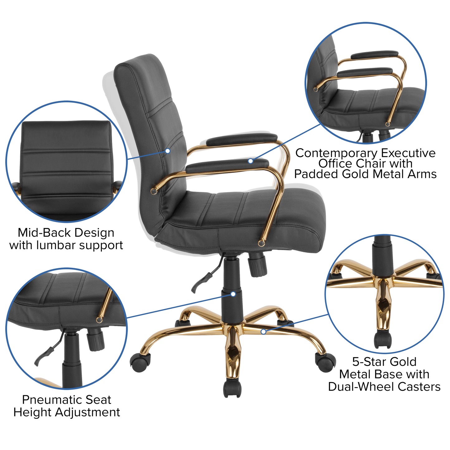 Whitney Mid-Back Black LeatherSoft Executive Swivel Office Chair with Gold Frame and Arms Black LeatherSoft/Gold Frame