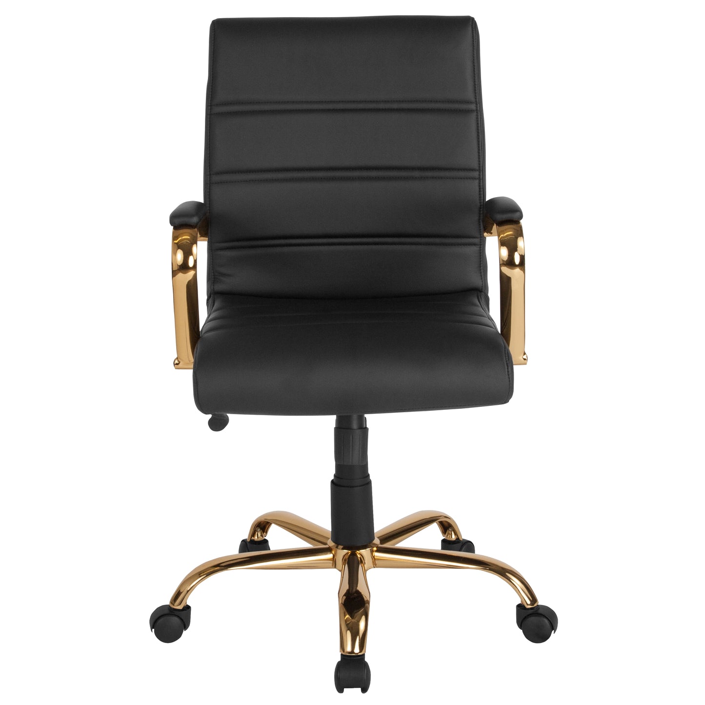 Whitney Mid-Back Black LeatherSoft Executive Swivel Office Chair with Gold Frame and Arms Black LeatherSoft/Gold Frame