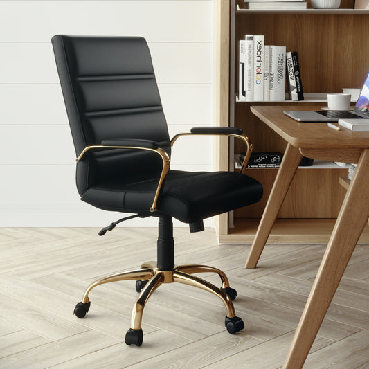 Whitney Mid-Back Black LeatherSoft Executive Swivel Office Chair with Gold Frame and Arms Black LeatherSoft/Gold Frame GO-2286M-BK-GLD-GG
