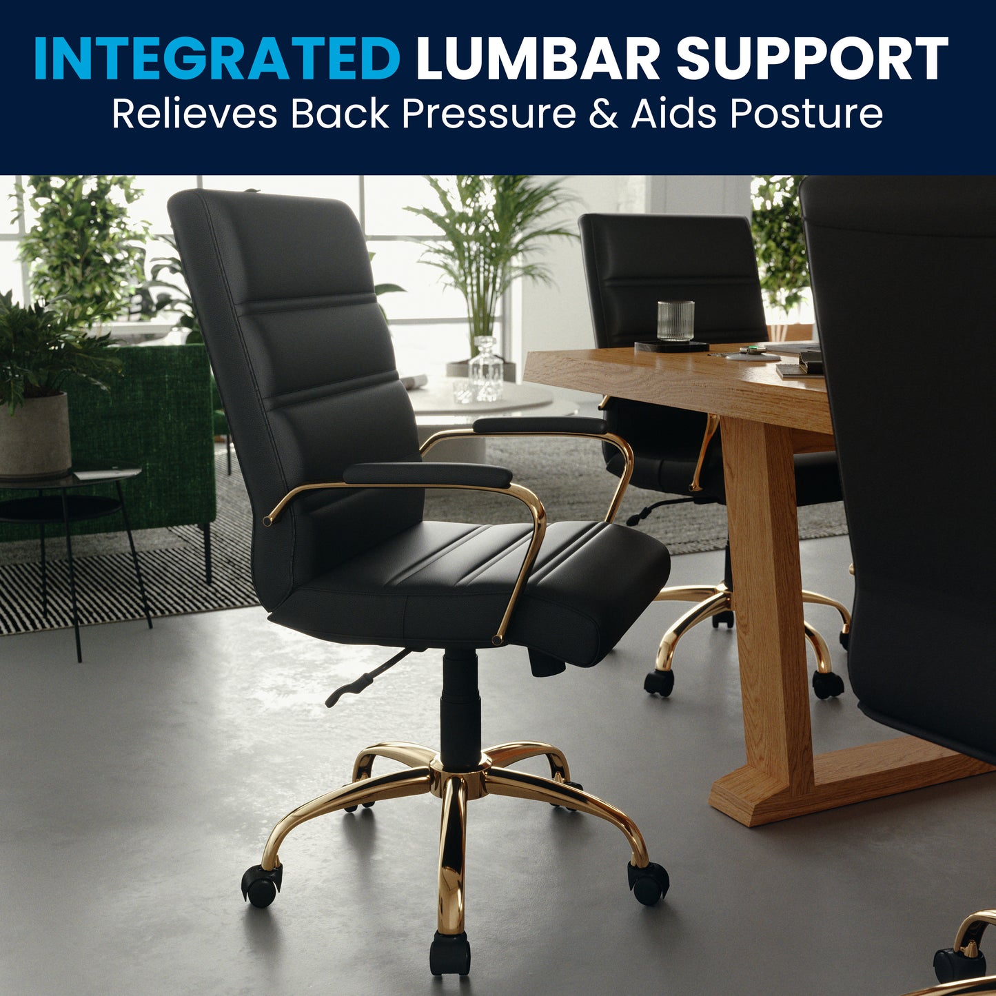 Whitney Mid-Back Black LeatherSoft Executive Swivel Office Chair with Gold Frame and Arms Black LeatherSoft/Gold Frame