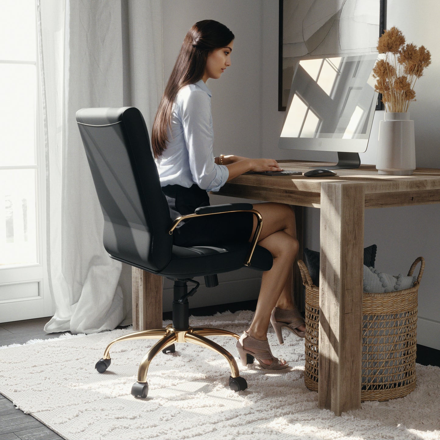 Whitney Mid-Back Black LeatherSoft Executive Swivel Office Chair with Gold Frame and Arms Black LeatherSoft/Gold Frame