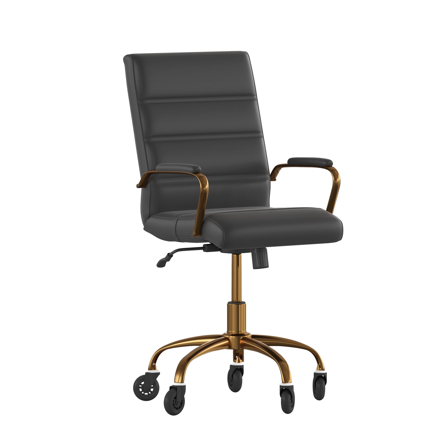 Camilia Mid-Back Black LeatherSoft Executive Swivel Office Chair with Gold Frame, Arms, and Transparent Roller Wheels Black LeatherSoft/Gold Frame