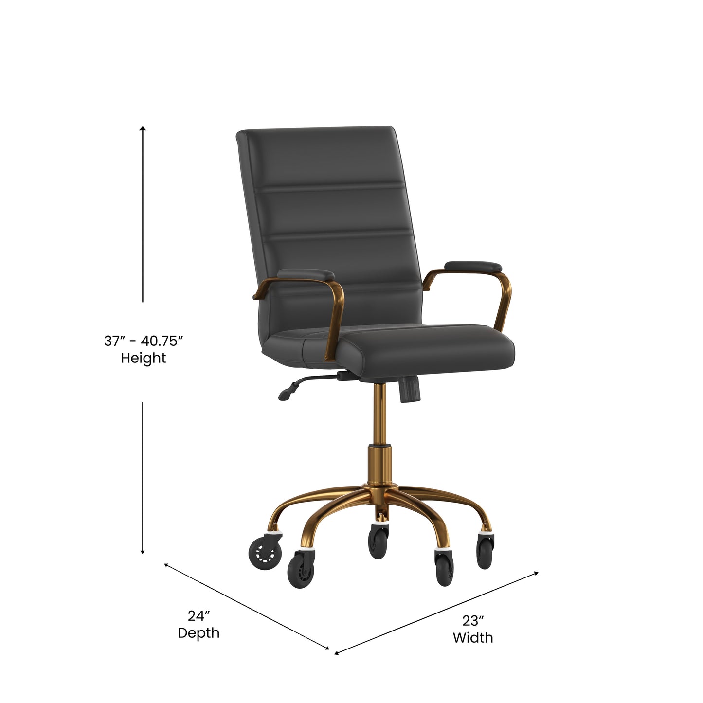 Camilia Mid-Back Black LeatherSoft Executive Swivel Office Chair with Gold Frame, Arms, and Transparent Roller Wheels Black LeatherSoft/Gold Frame