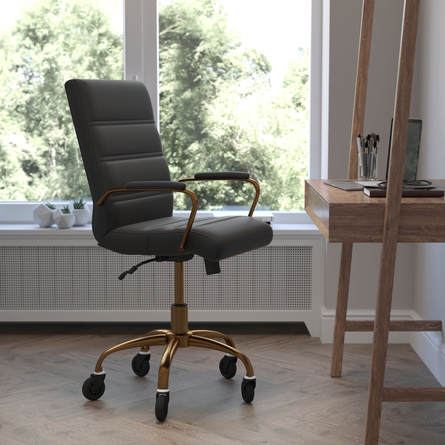 Camilia Mid-Back Black LeatherSoft Executive Swivel Office Chair with Gold Frame, Arms, and Transparent Roller Wheels Black LeatherSoft/Gold Frame