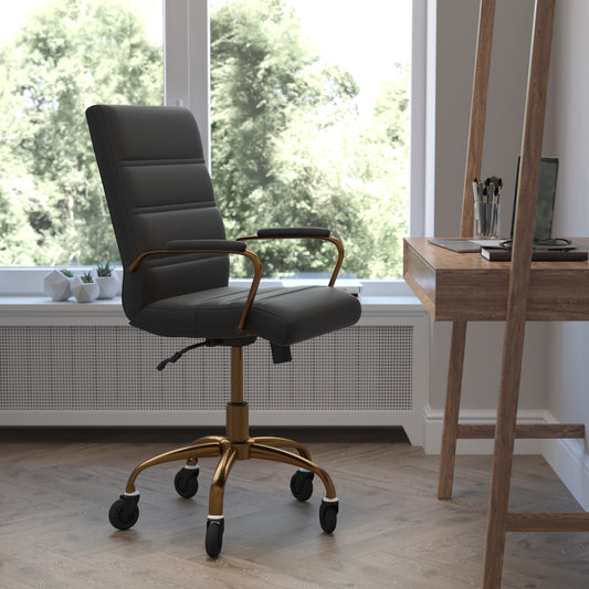 Camilia Mid-Back Black LeatherSoft Executive Swivel Office Chair with Gold Frame, Arms, and Transparent Roller Wheels Black LeatherSoft/Gold Frame GO-2286M-BK-GLD-RLB-GG