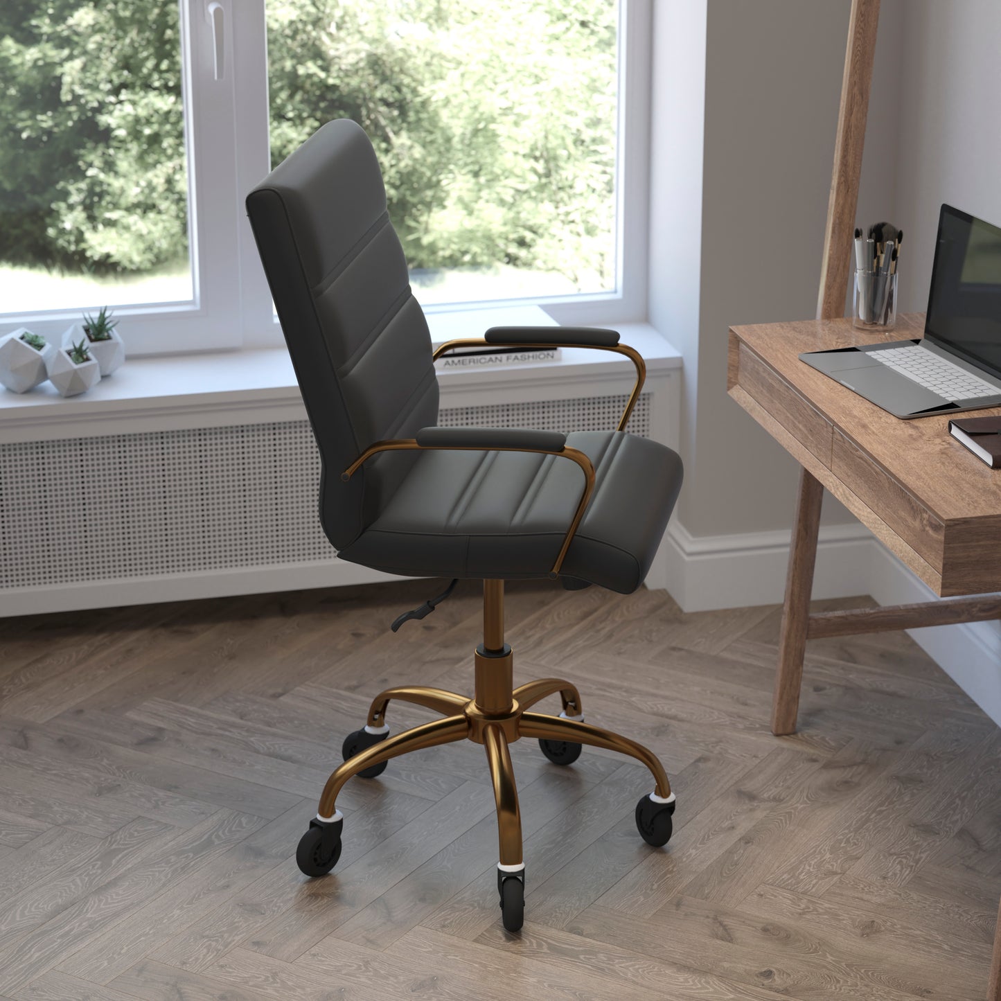 Camilia Mid-Back Black LeatherSoft Executive Swivel Office Chair with Gold Frame, Arms, and Transparent Roller Wheels Black LeatherSoft/Gold Frame