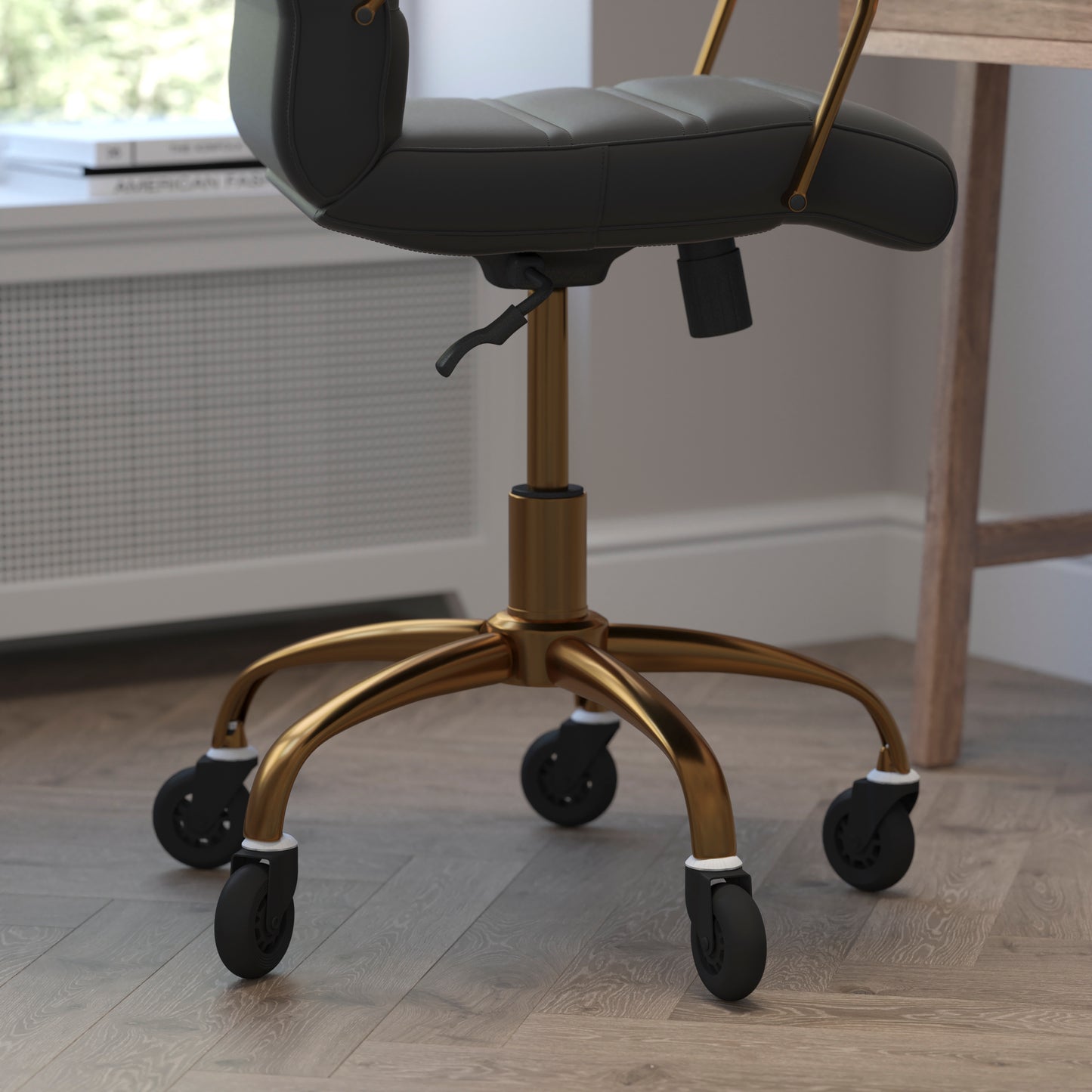 Camilia Mid-Back Black LeatherSoft Executive Swivel Office Chair with Gold Frame, Arms, and Transparent Roller Wheels Black LeatherSoft/Gold Frame