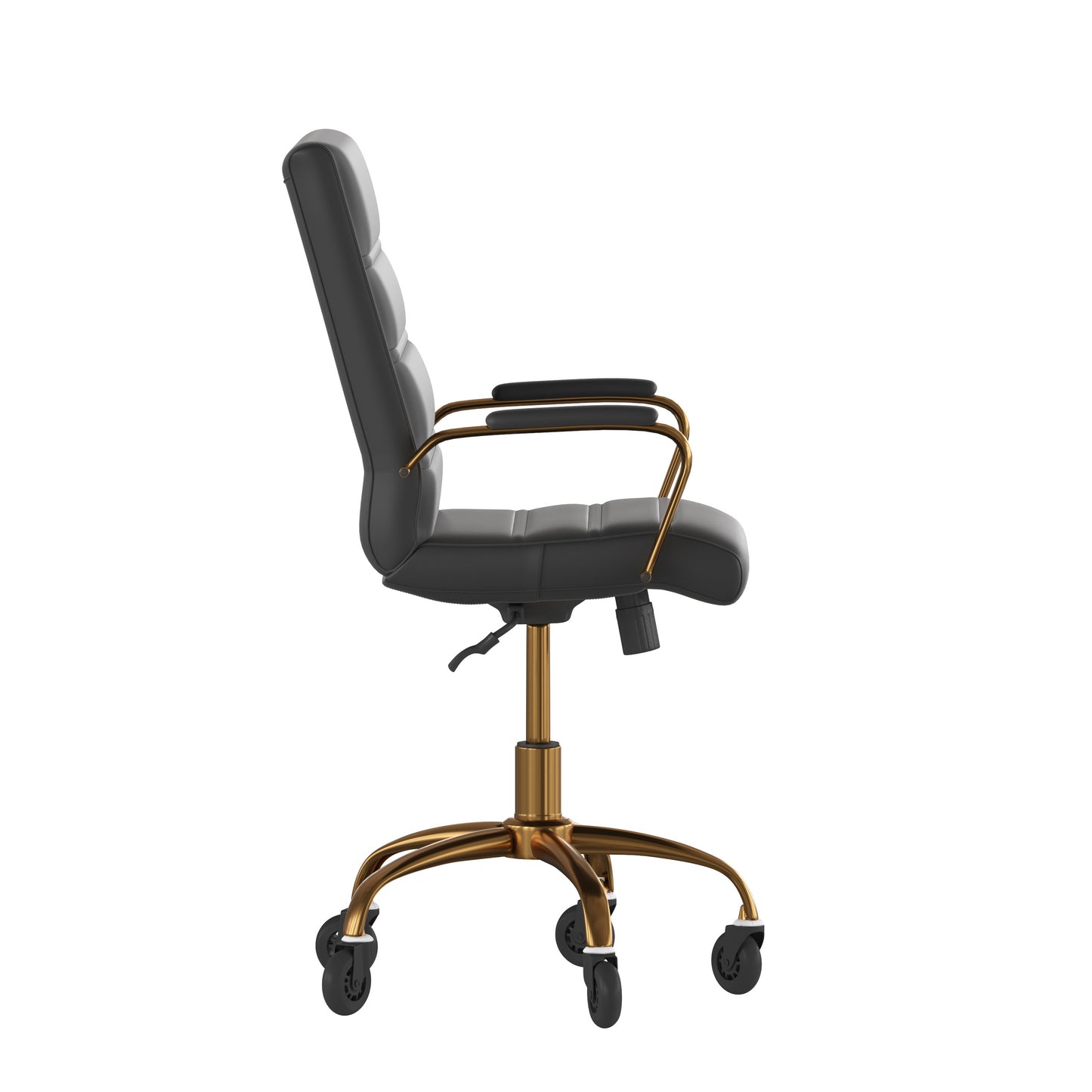Camilia Mid-Back Black LeatherSoft Executive Swivel Office Chair with Gold Frame, Arms, and Transparent Roller Wheels Black LeatherSoft/Gold Frame
