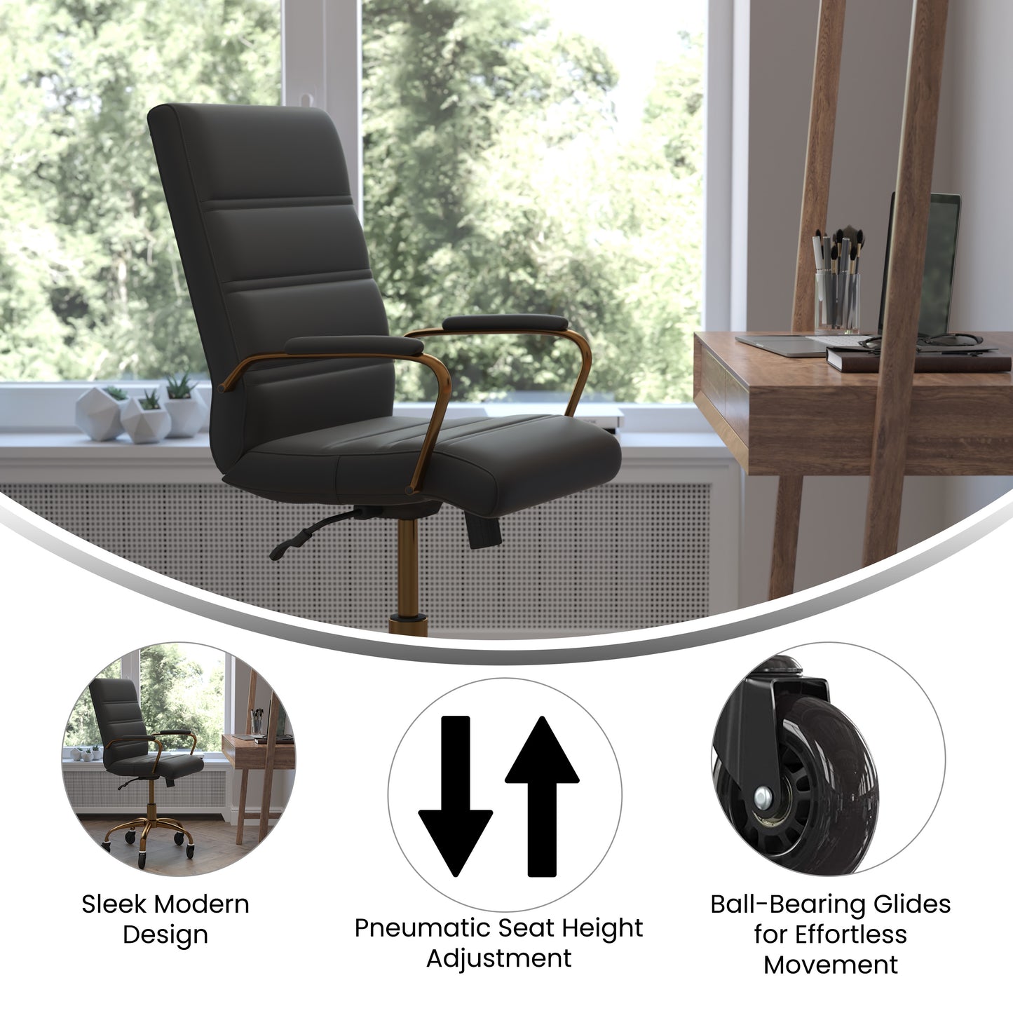 Camilia Mid-Back Black LeatherSoft Executive Swivel Office Chair with Gold Frame, Arms, and Transparent Roller Wheels Black LeatherSoft/Gold Frame