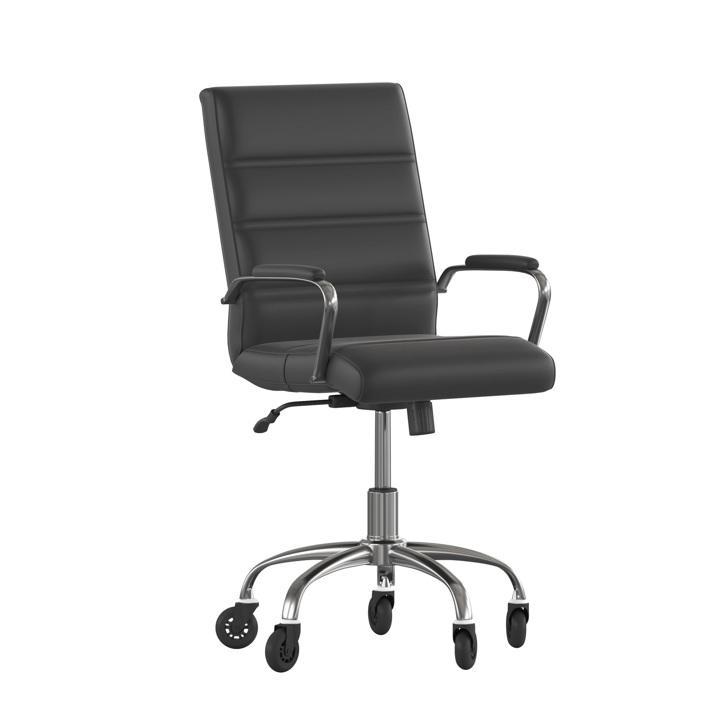 Camilia Mid-Back Black LeatherSoft Executive Swivel Office Chair with Chrome Frame, Arms, and Transparent Roller Wheels Black LeatherSoft/Chrome Frame