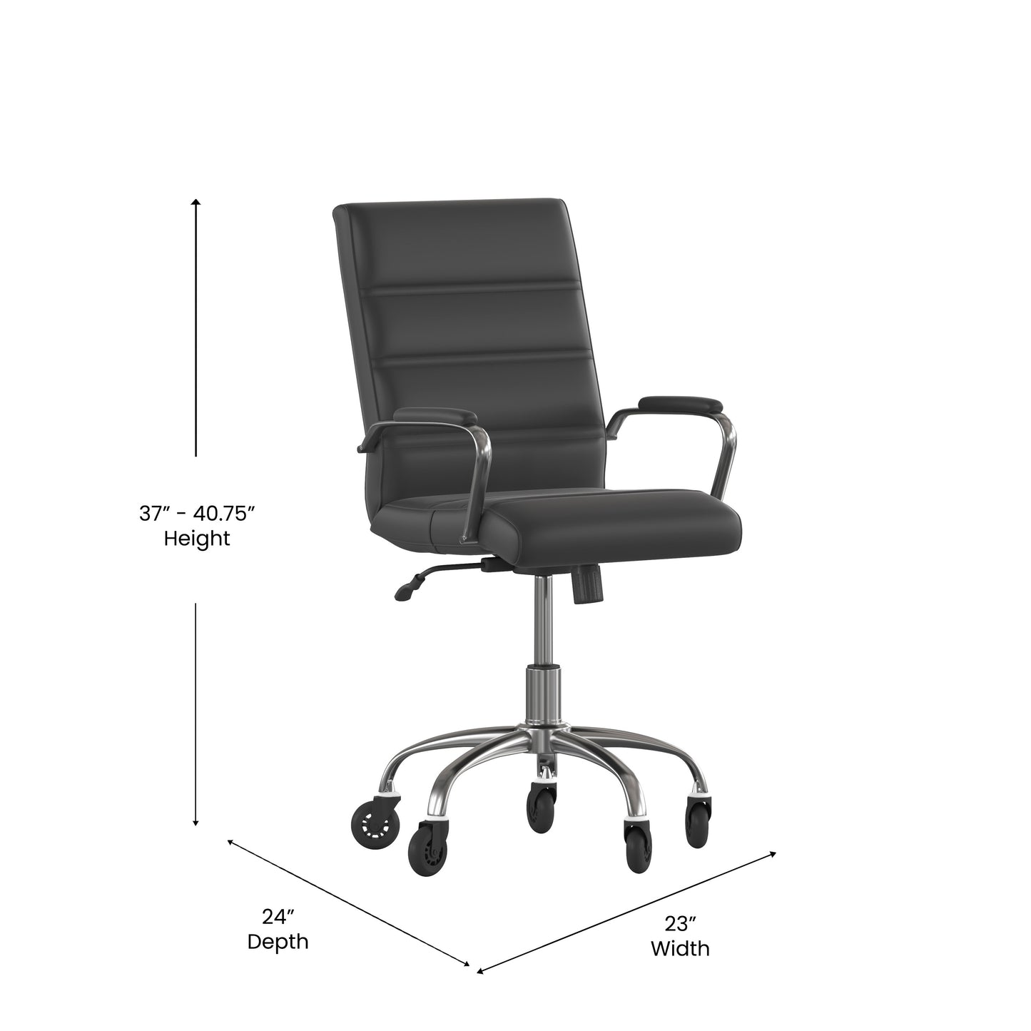 Camilia Mid-Back Black LeatherSoft Executive Swivel Office Chair with Chrome Frame, Arms, and Transparent Roller Wheels Black LeatherSoft/Chrome Frame