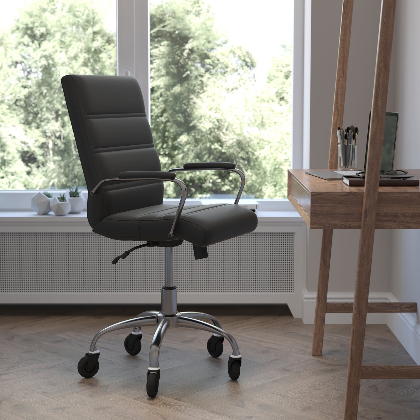 Camilia Mid-Back Black LeatherSoft Executive Swivel Office Chair with Chrome Frame, Arms, and Transparent Roller Wheels Black LeatherSoft/Chrome Frame