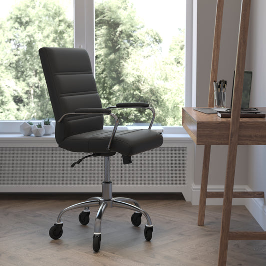 Camilia Mid-Back Black LeatherSoft Executive Swivel Office Chair with Chrome Frame, Arms, and Transparent Roller Wheels Black LeatherSoft/Chrome Frame GO-2286M-BK-RLB-GG