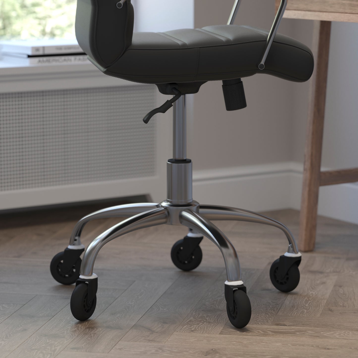 Camilia Mid-Back Black LeatherSoft Executive Swivel Office Chair with Chrome Frame, Arms, and Transparent Roller Wheels Black LeatherSoft/Chrome Frame