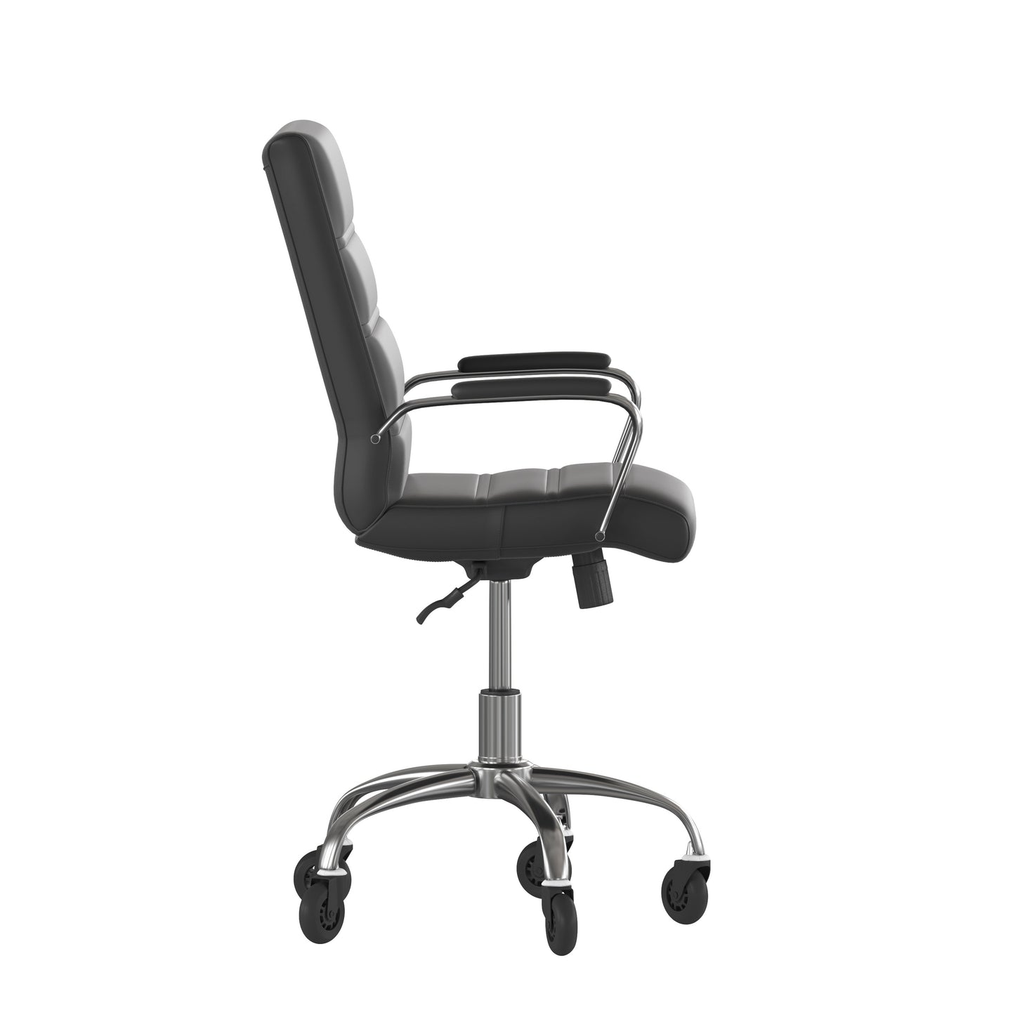 Camilia Mid-Back Black LeatherSoft Executive Swivel Office Chair with Chrome Frame, Arms, and Transparent Roller Wheels Black LeatherSoft/Chrome Frame