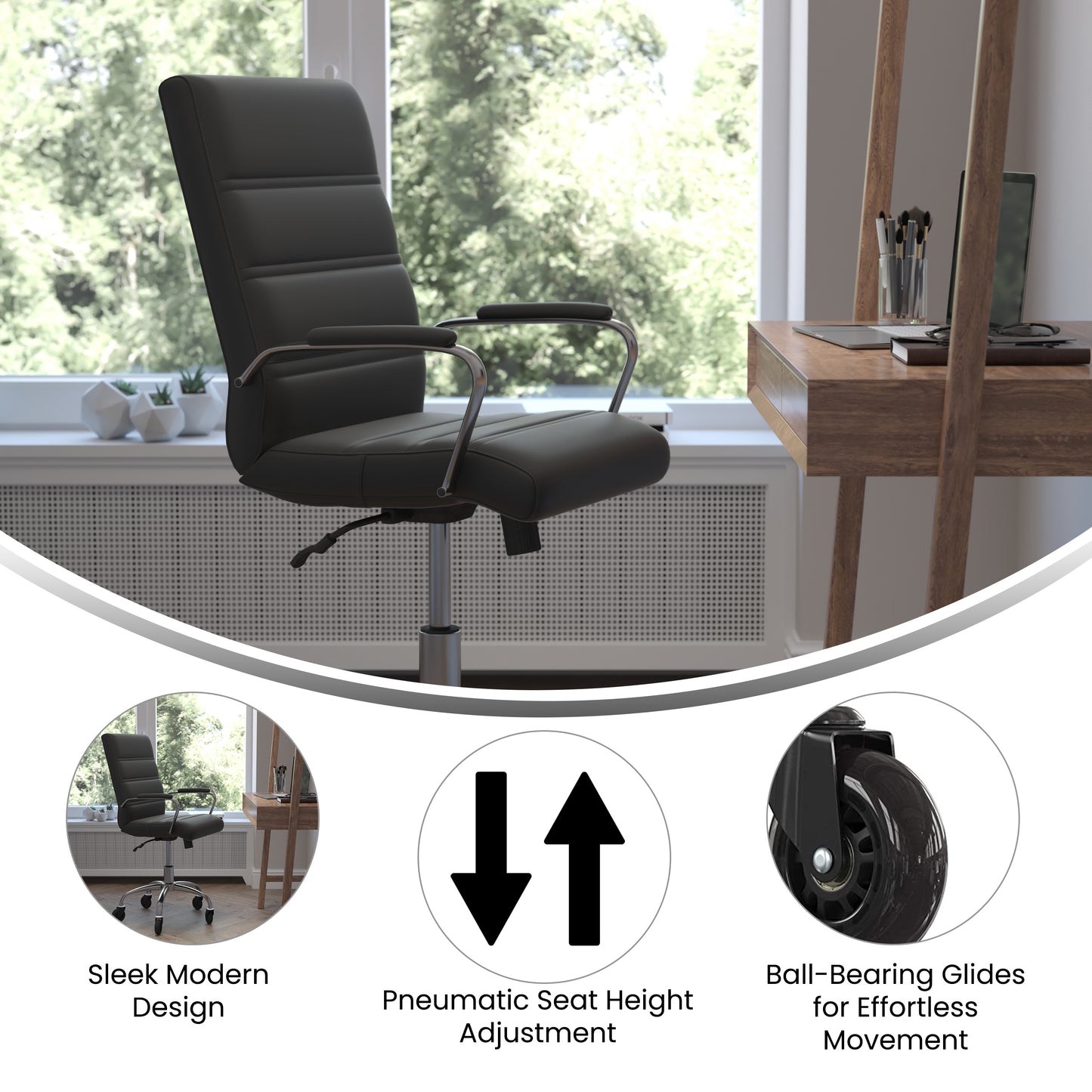Camilia Mid-Back Black LeatherSoft Executive Swivel Office Chair with Chrome Frame, Arms, and Transparent Roller Wheels Black LeatherSoft/Chrome Frame