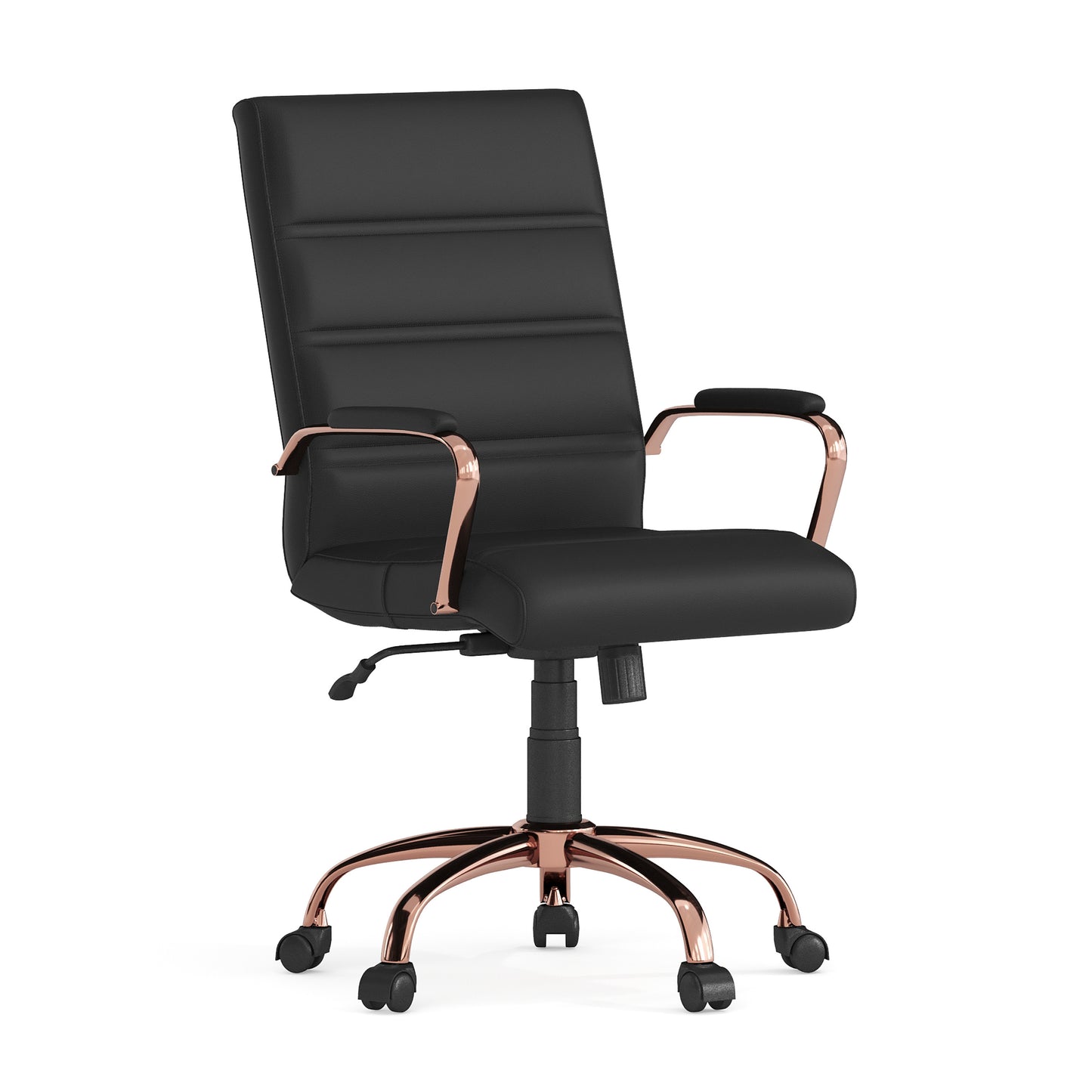 Whitney Mid-Back Black LeatherSoft Executive Swivel Office Chair with Rose Gold Frame and Arms Black LeatherSoft/Rose Gold Frame