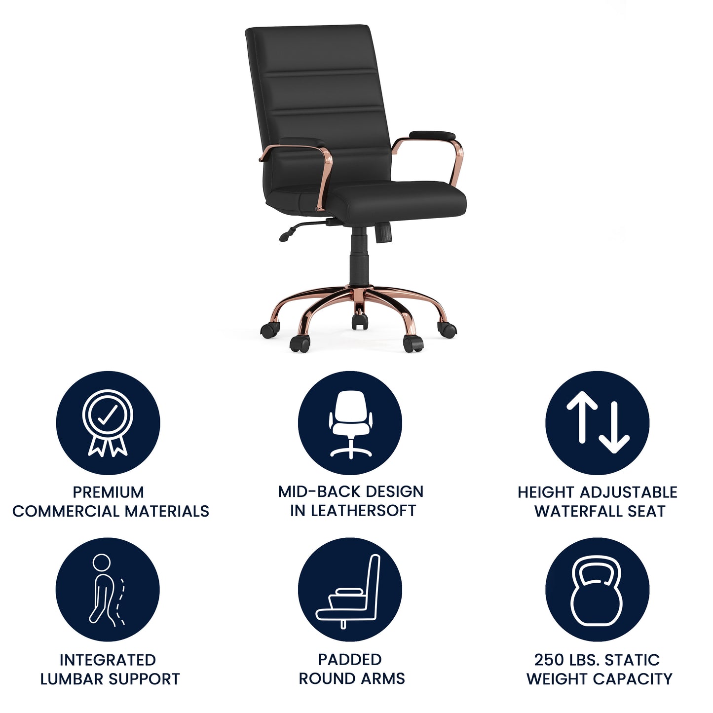 Whitney Mid-Back Black LeatherSoft Executive Swivel Office Chair with Rose Gold Frame and Arms Black LeatherSoft/Rose Gold Frame