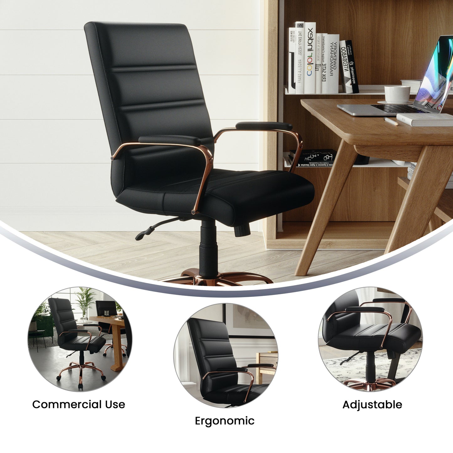 Whitney Mid-Back Black LeatherSoft Executive Swivel Office Chair with Rose Gold Frame and Arms Black LeatherSoft/Rose Gold Frame