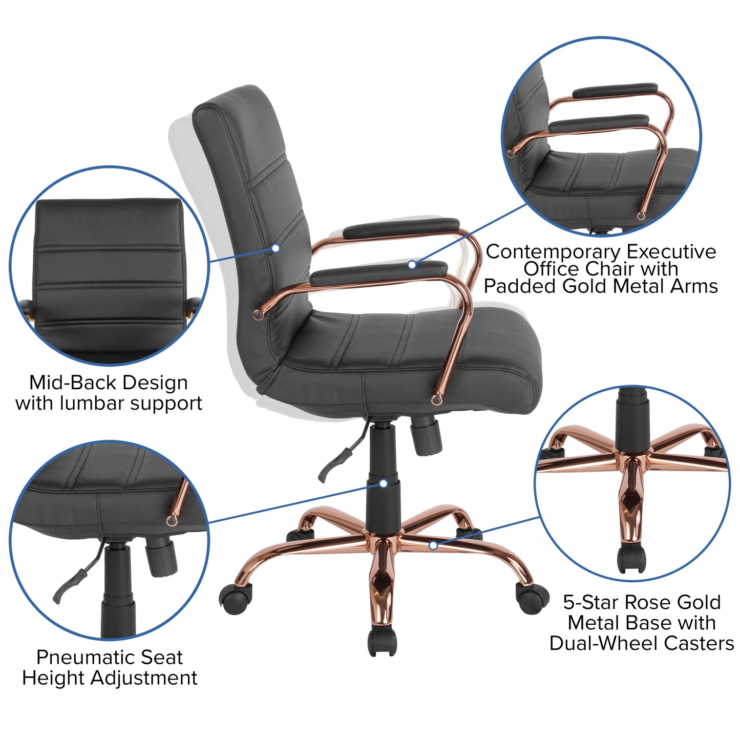 Whitney Mid-Back Black LeatherSoft Executive Swivel Office Chair with Rose Gold Frame and Arms Black LeatherSoft/Rose Gold Frame