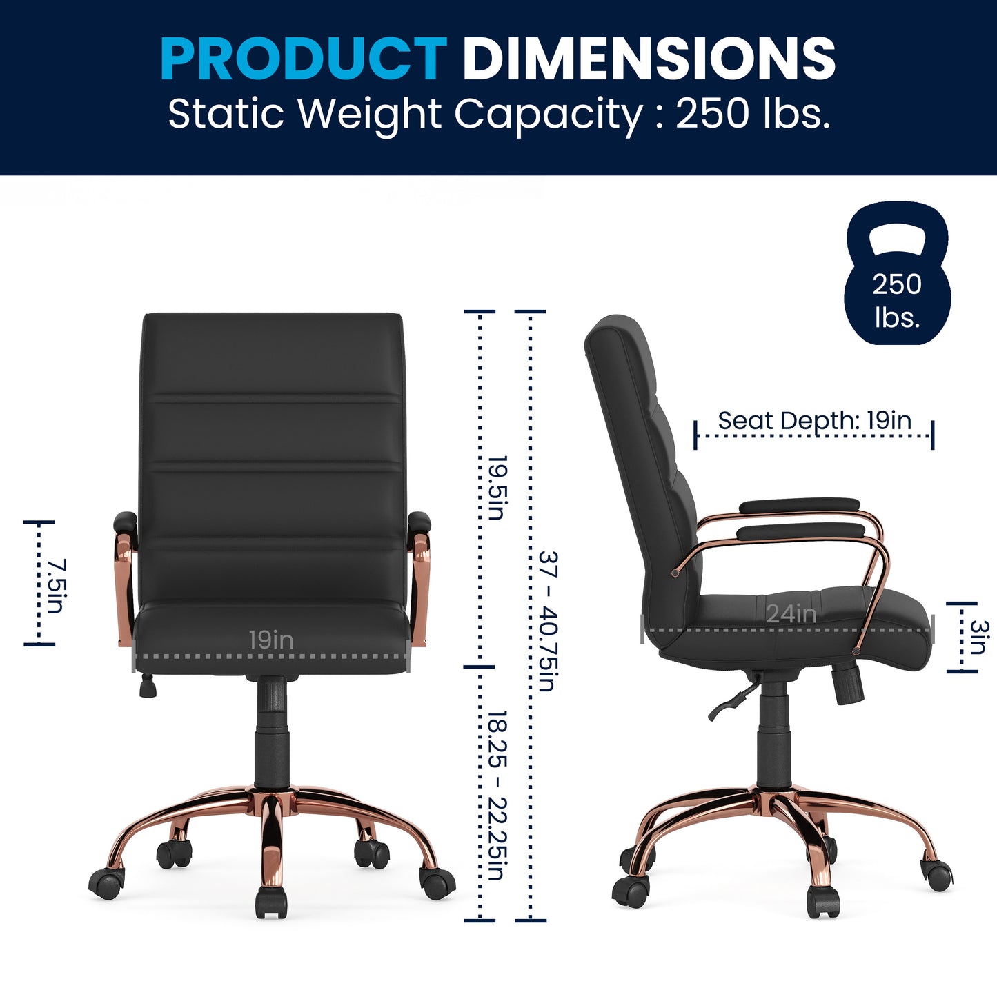 Whitney Mid-Back Black LeatherSoft Executive Swivel Office Chair with Rose Gold Frame and Arms Black LeatherSoft/Rose Gold Frame
