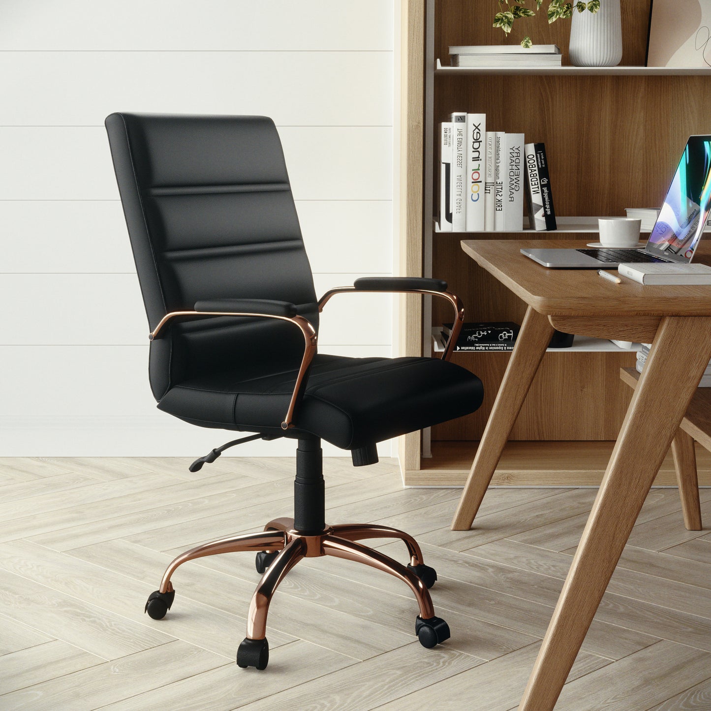 Whitney Mid-Back Black LeatherSoft Executive Swivel Office Chair with Rose Gold Frame and Arms Black LeatherSoft/Rose Gold Frame