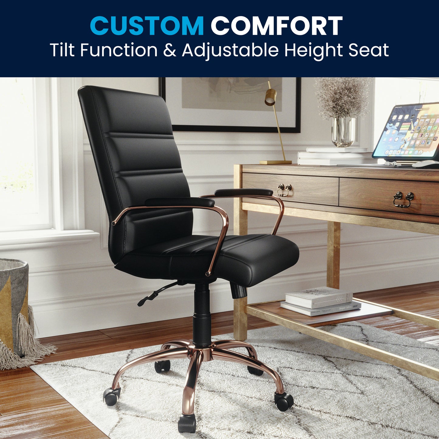 Whitney Mid-Back Black LeatherSoft Executive Swivel Office Chair with Rose Gold Frame and Arms Black LeatherSoft/Rose Gold Frame