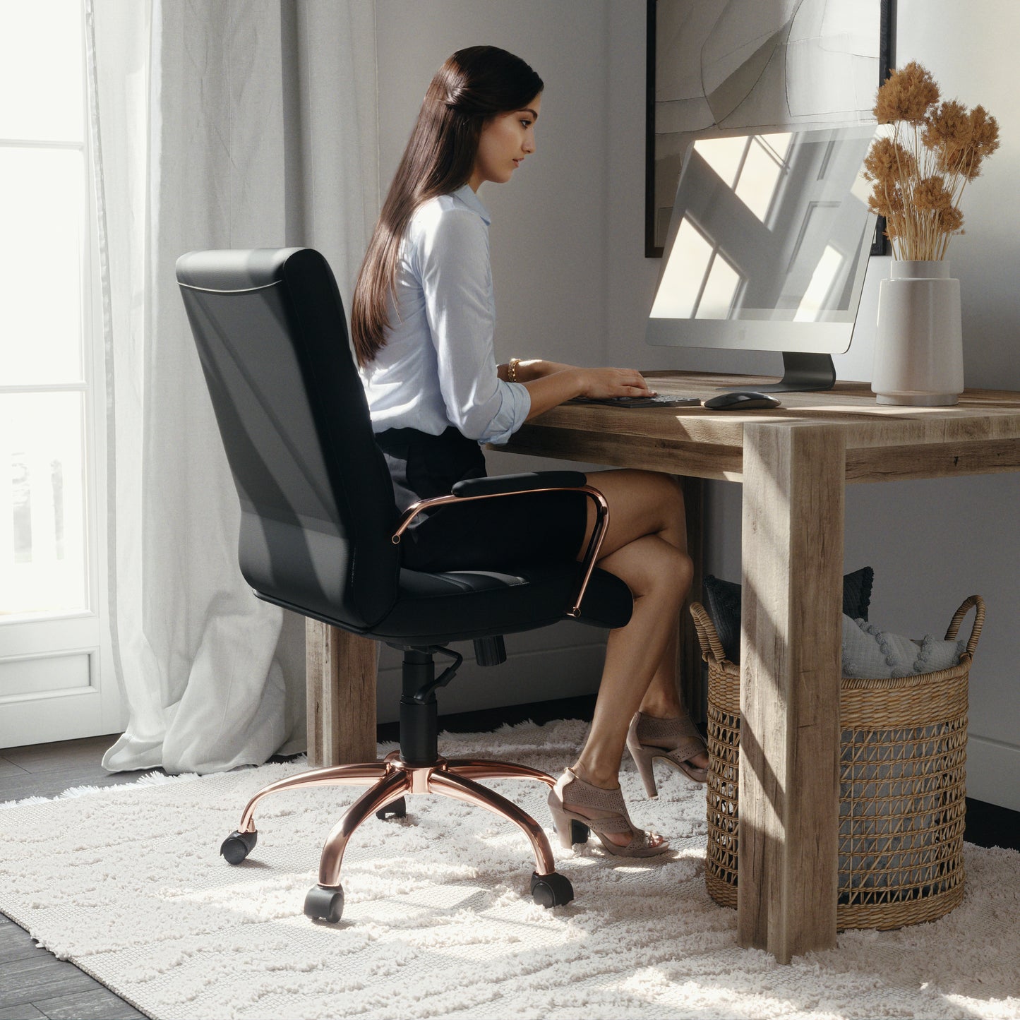 Whitney Mid-Back Black LeatherSoft Executive Swivel Office Chair with Rose Gold Frame and Arms Black LeatherSoft/Rose Gold Frame