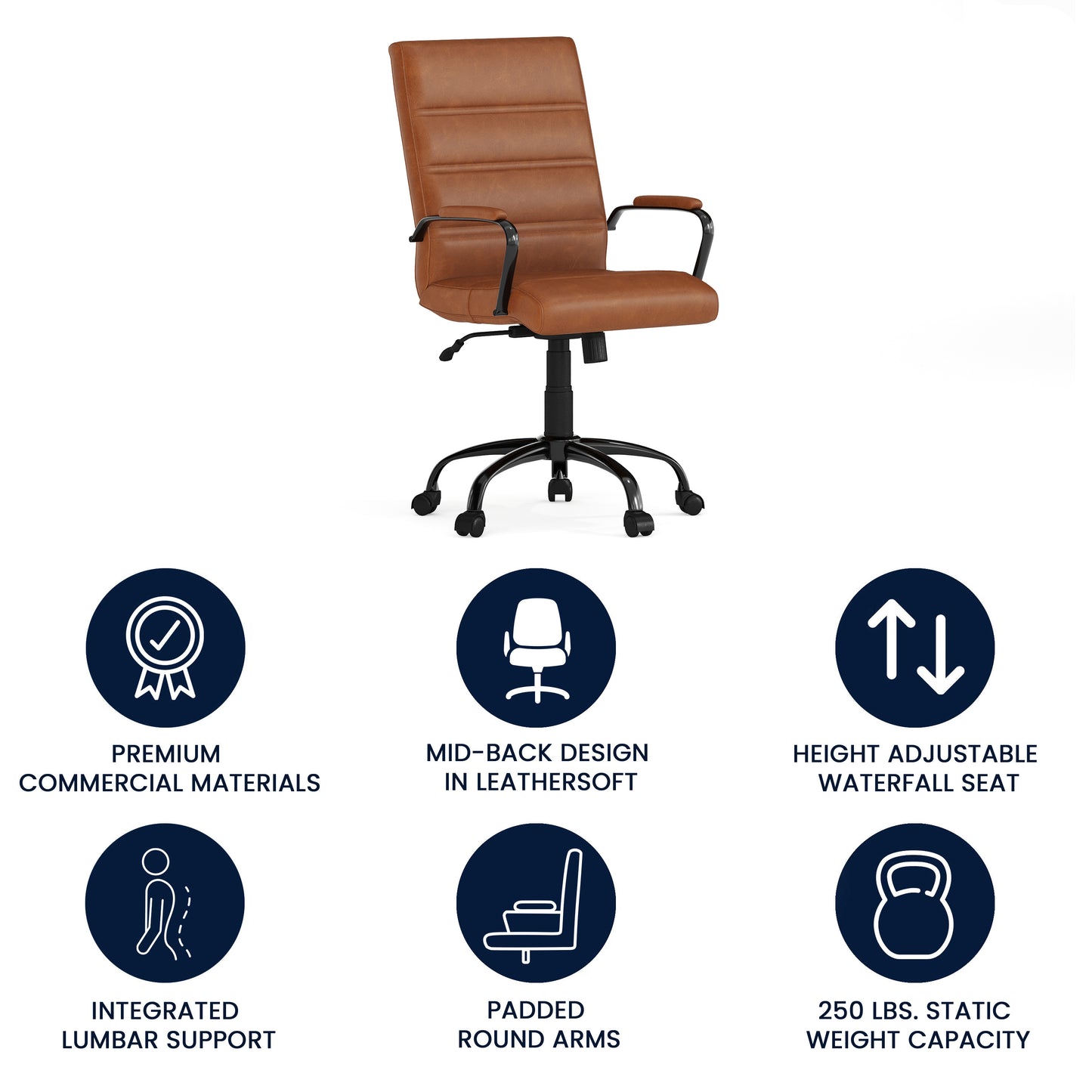 Whitney Mid-Back Brown LeatherSoft Executive Swivel Office Chair with Black Frame and Arms Brown LeatherSoft/Black Frame