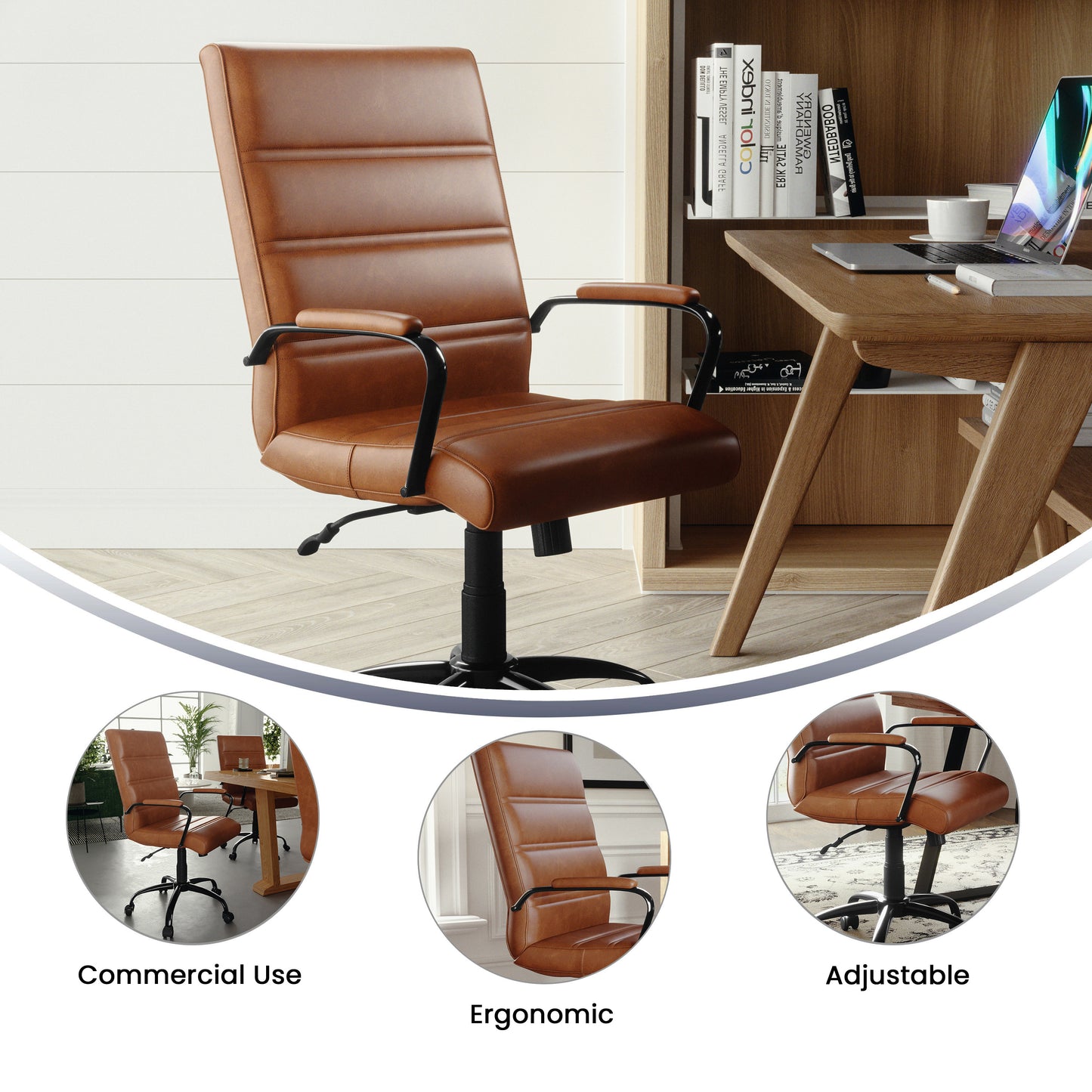 Whitney Mid-Back Brown LeatherSoft Executive Swivel Office Chair with Black Frame and Arms Brown LeatherSoft/Black Frame