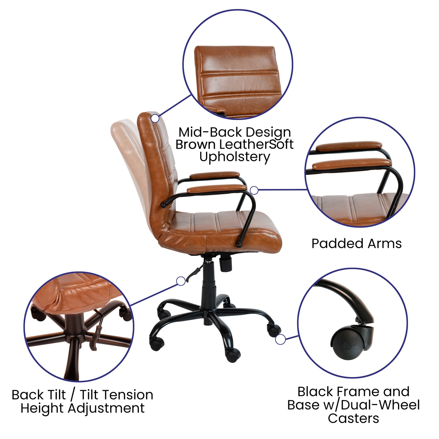 Whitney Mid-Back Brown LeatherSoft Executive Swivel Office Chair with Black Frame and Arms Brown LeatherSoft/Black Frame
