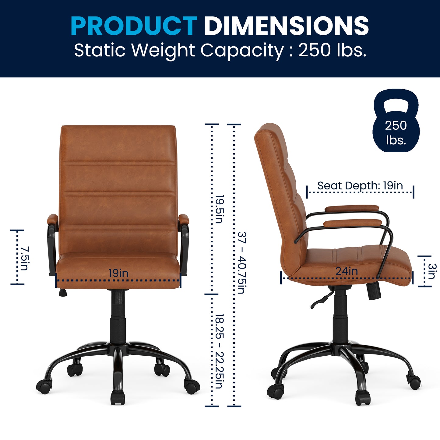 Whitney Mid-Back Brown LeatherSoft Executive Swivel Office Chair with Black Frame and Arms Brown LeatherSoft/Black Frame