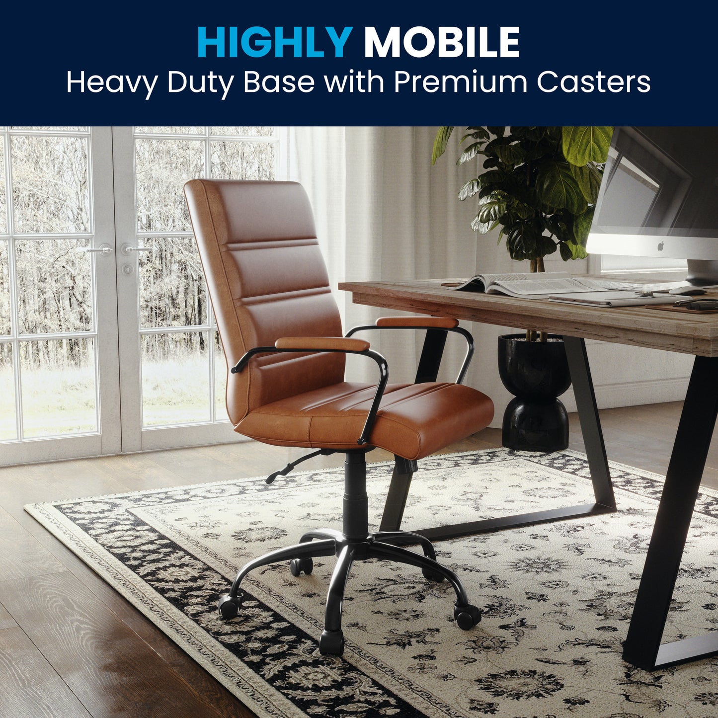Whitney Mid-Back Brown LeatherSoft Executive Swivel Office Chair with Black Frame and Arms Brown LeatherSoft/Black Frame