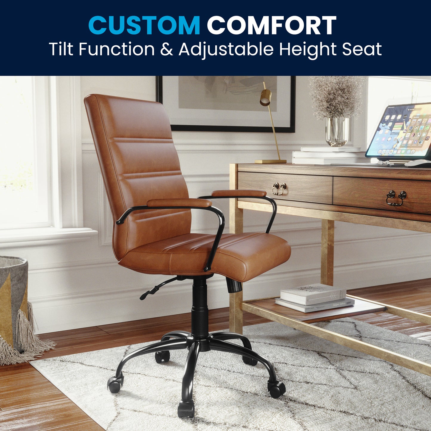 Whitney Mid-Back Brown LeatherSoft Executive Swivel Office Chair with Black Frame and Arms Brown LeatherSoft/Black Frame