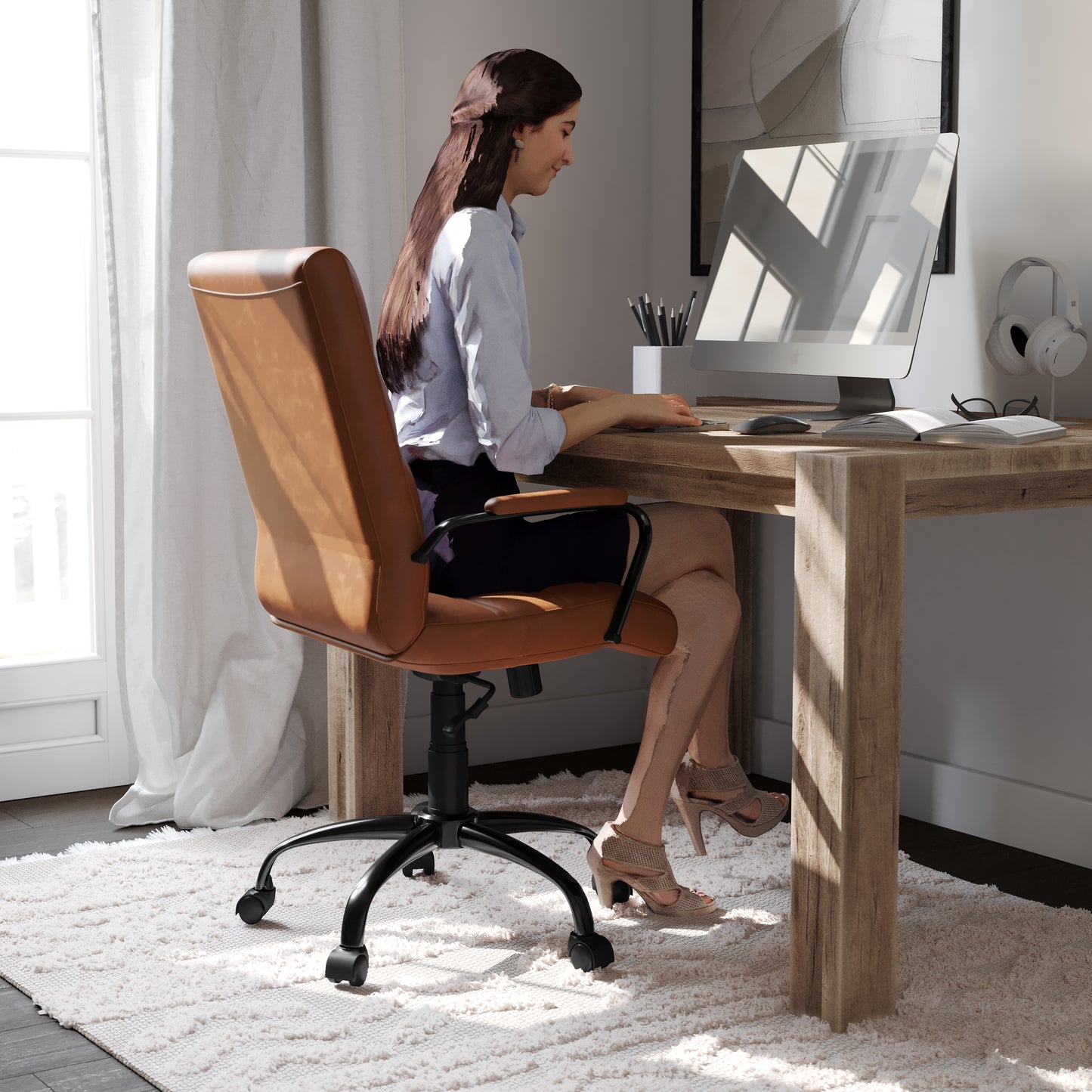 Whitney Mid-Back Brown LeatherSoft Executive Swivel Office Chair with Black Frame and Arms Brown LeatherSoft/Black Frame