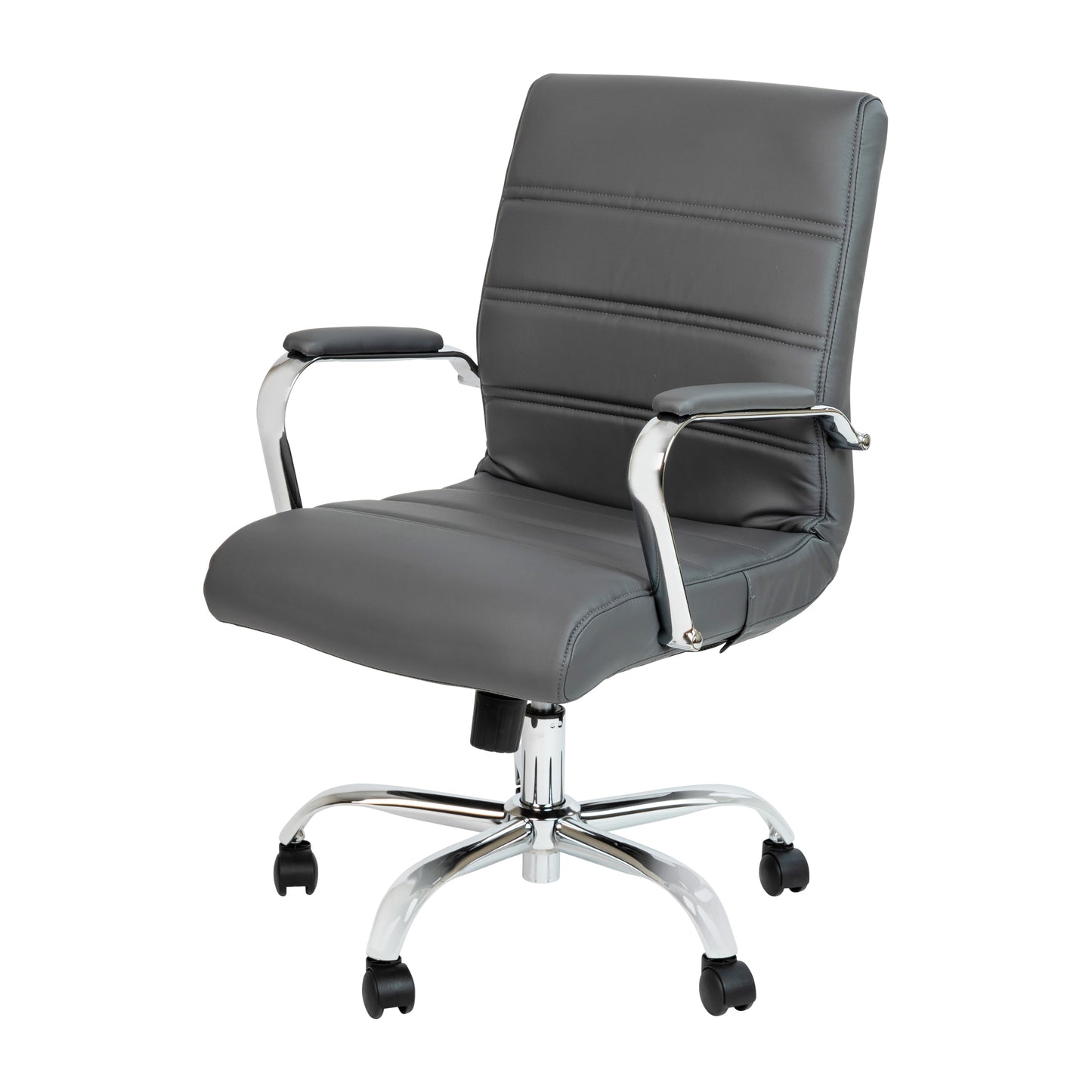Whitney Mid-Back Gray LeatherSoft Executive Swivel Office Chair with Chrome Frame and Arms Gray LeatherSoft/Chrome Frame