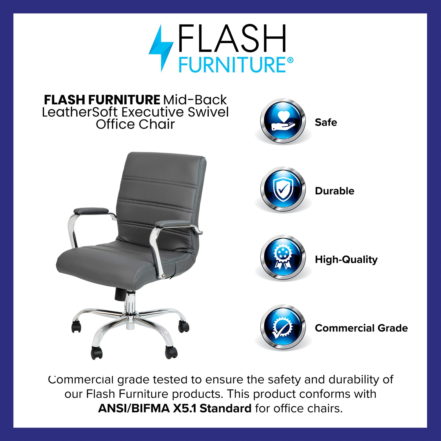 Whitney Mid-Back Gray LeatherSoft Executive Swivel Office Chair with Chrome Frame and Arms Gray LeatherSoft/Chrome Frame