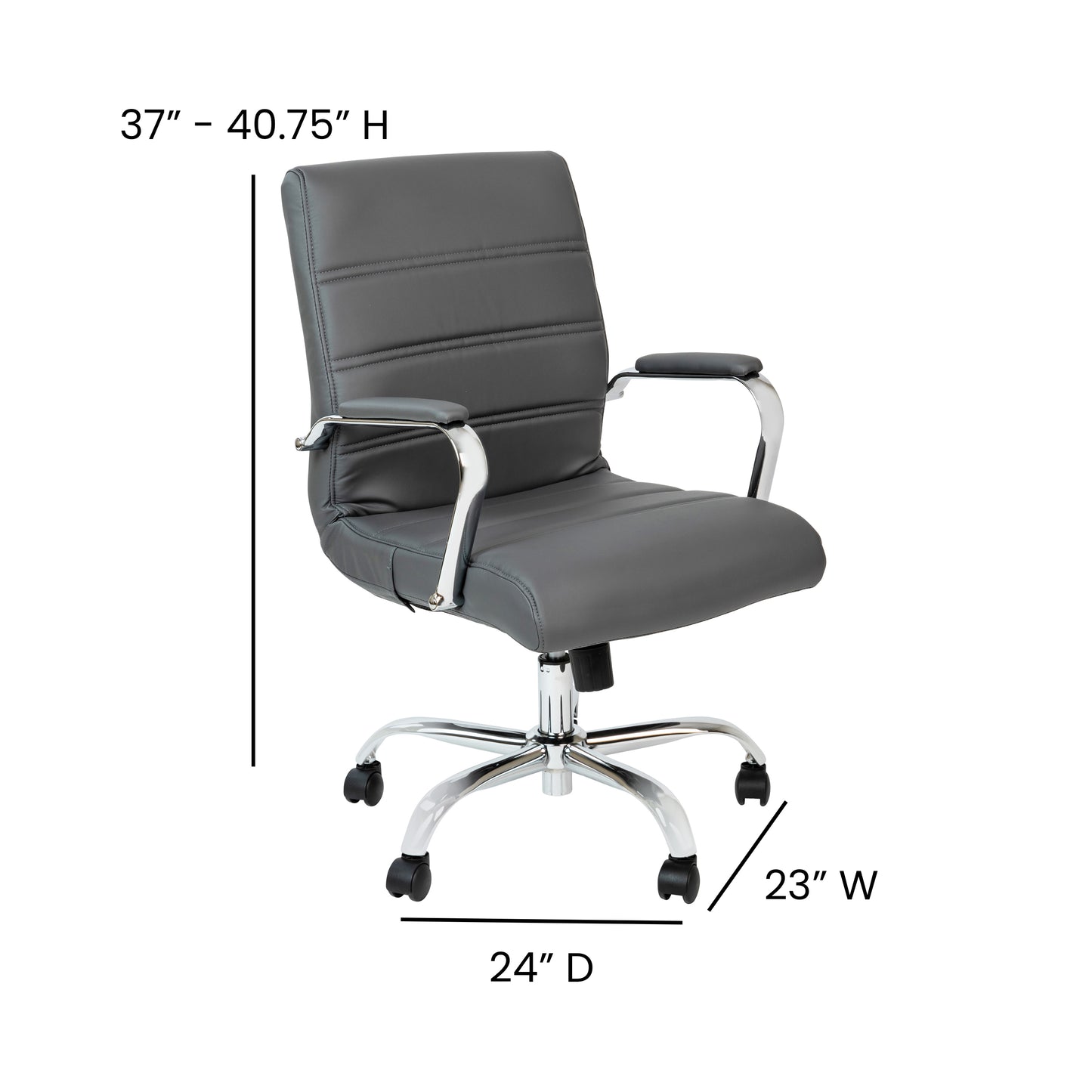 Whitney Mid-Back Gray LeatherSoft Executive Swivel Office Chair with Chrome Frame and Arms Gray LeatherSoft/Chrome Frame