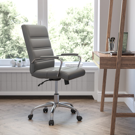 Whitney Mid-Back Gray LeatherSoft Executive Swivel Office Chair with Chrome Frame and Arms Gray LeatherSoft/Chrome Frame GO-2286M-GR-GG